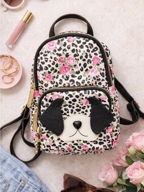Betsey Johnson Mini Backpack Dog Face Leopard Floral Print Black Pink Kitsch